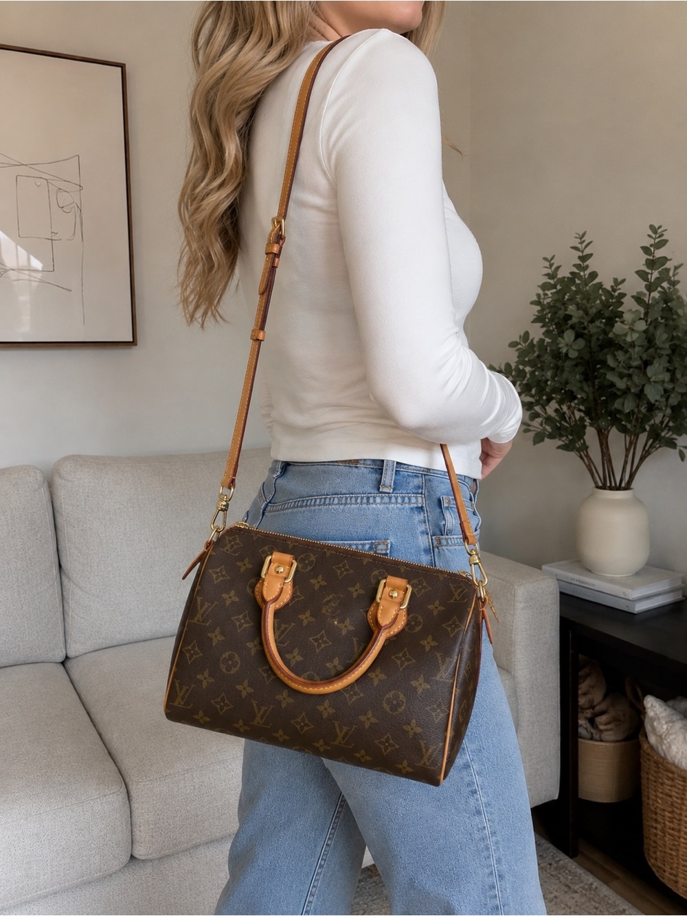 Louis Vuitton Brown Monogram Canvas Shoulder Bag with Tan Leather Trim
